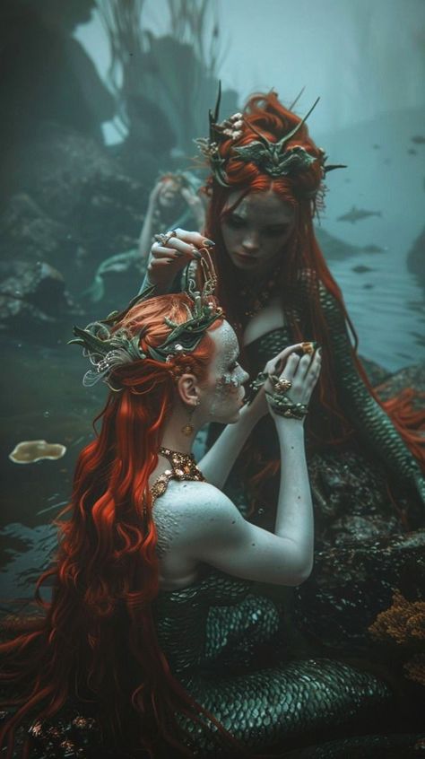 Mermaid Fantasy Aesthetic, Sirene Aesthetic, Mermaid Red Hair, Red Haired Mermaid, Dark Mermaid Aesthetic, Mermaid Fantasy Art, 3 Mermaids, Scary Mermaid, Evil Mermaids