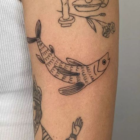 Lucky Fish Tattoo, Quirky Tattoo Ideas, Fish Tattoo Aesthetic, Cool Fish Tattoo, Funny Fish Tattoo, Floating Tattoo, Little Fish Tattoo, Fish Tattoo Sleeve, Cute Fish Tattoo