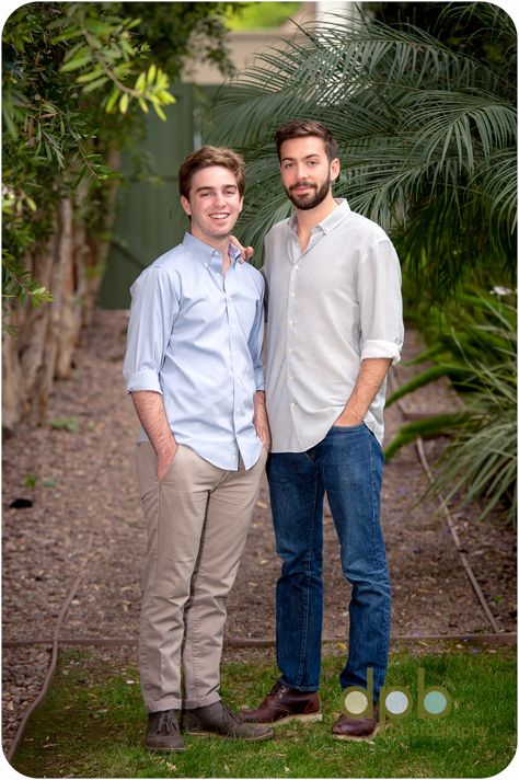 Great example of two young adult brothers that mix and matched with a combination of jeans, khakis and dress shirts. Note that one of the dress shirts is not a solid color-but has a small plaid design. Brother And Brother Photo Ideas, Older Brothers Photo Shoot Sibling Pics, Brother Poses Photography, Adult Brothers Photography Poses, Father Son Photos Older, Brothers Poses Photography, Brother Poses For Pictures, Teenage Brother Photoshoot, Older Brothers Photo Shoot