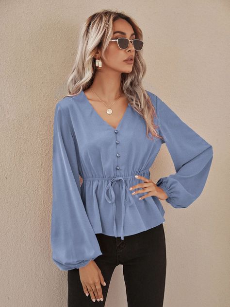 Knot Front Lantern Sleeve Babydoll Blouse | SHEIN USA Blouse Outfit Casual, Blue Peplum Top, Western Dresses For Women, Babydoll Blouse, Fashion Tops Blouse, Trendy Fashion Tops, Pretty Blouses, Puff Sleeve Blouse, Women Blouses