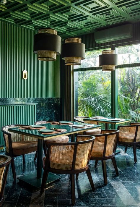 The Fluted Emerald Elgin Cafe / RENESA Architecture Design Interiors Studio | ArchDaily Restaurant Color Ideas, Wood Cafe Design, Restaurant Color Palette, Bistro Interior Design, Restaurant Table Design, Bistro Interior, Bistro Design, Greens Restaurant, Green Cafe