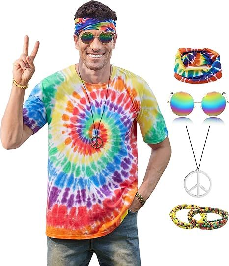 Get ready to rock the retro look with Mainfini’s Hippie Costume for Men! 🌟 Featuring 60s and 70s style cotton tie-dye shirts and accessories, this outfit is perfect for parties, Halloween, or any fun event. 🕺✌️ Don’t miss out on this far-out deal to bring back the good vibes! 🥳👕 Shop now and get groovy! 🎁🛒 #HippieCostume #RetroStyle #Halloween #DressUp #ShopNow Groovy Outfits 70s, 70s Hippie Outfits, 60s 70s Outfits, Groovy Outfits, Retro Theme Party, Hippie T Shirt, Peace Fingers, 70s Men, Outfits 70s