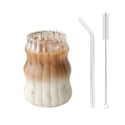 PRICES MAY VARY. 【Iced Coffee Cup】Package include 1pc*glass cup, 1pc*glass straw, 1pc*straw cleaner brush. The dimensions of the ribbed glasses are: diameter - 2.76 inches, height - 4.92 inches, capacity - 18 oz (530 ml). 【Safe Material】Glass cups are made of food-grade glass, BPA-free, can withstand high and low temperature, dishwasher safe and microwave safe, which you can use with confidence. 【Ribbed Glassware】Handmade ribbed glass is a unique work of art and adds aesthetics to tables. Unique Ribbed Glassware, Coffee Cup With Straw, Milkshake Glasses, Clear Coffee Mugs, Coffee Bar Station, Vintage Drinking Glasses, Coffee Glasses, Straw Cleaner, Smoothie Cup