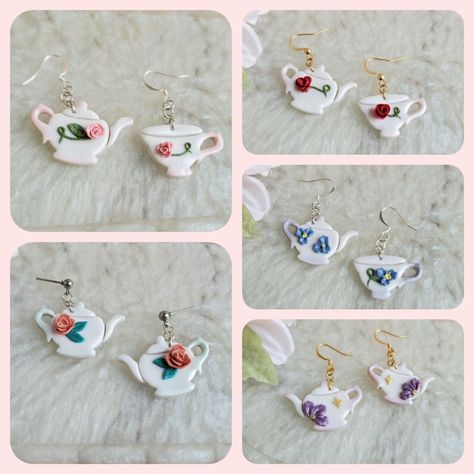 White teapots with flowers created by hand. Each tea set had a unique design with different cheerful colors Tea Party Jewelry, Teapot Earrings, Pink Tea Set, Lavender Jewellery, Earrings Cottagecore, Cottagecore Earrings, Vintage Tea Set, Polymer Clay Flower Jewelry, Silver Teapot