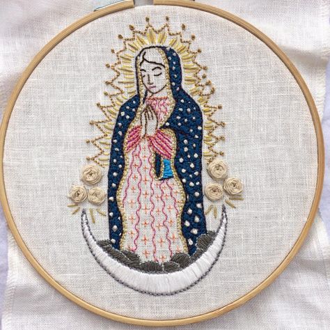 Virgin of Guadalupe embroidery. Pattern by Sublime Stitching. Virgen Of Guadalupe, Catholic Crafts, Virgin Of Guadalupe, Hand Embroidery Videos, Embroidery Videos, Biblical Art, Church Decor, New Crafts, Embroidery Pattern