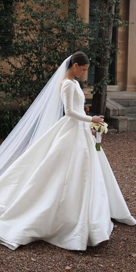 Modest Wedding Dresses Of Your Dream ★ #bridalgown #weddingdress Wedding Dresses Princess Ballgown Classy, Modest Simple Wedding Dress, Plain Wedding Dress With Sleeves, Poofy Sleeve Wedding Dress, Winter Wedding Dress Simple, Modest Bride Dress, Engagement Dress Modest, Elegant Modest Wedding Dresses, Winter Wedding Dress Ideas