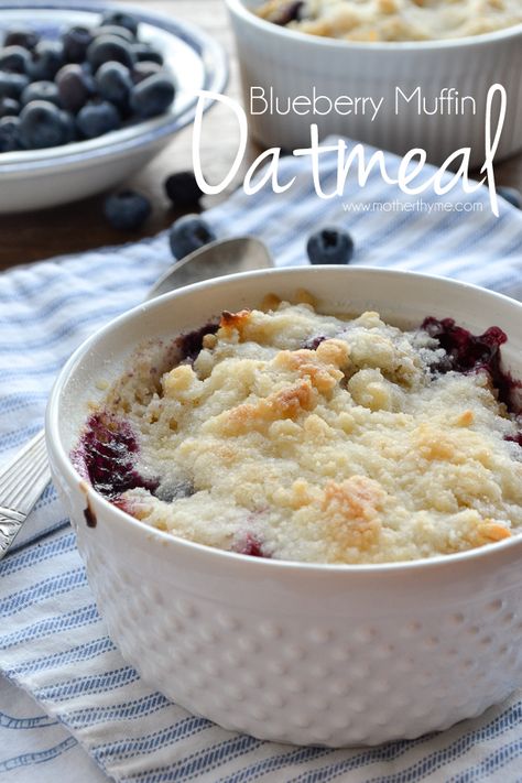 Blueberry Muffin Oatmeal - www.motherthyme.com Oatmeal With Blueberries Breakfast, Oatmeal Blueberry Bake Breakfast, Baked Oatmeal Frozen Berries, Blueberry Muffin Oatmeal, Muffin Oatmeal, Blueberries And Cream Oatmeal, Food Dolls Blueberry Baked Oatmeal, Mother Thyme, Blueberry Oatmeal Muffins