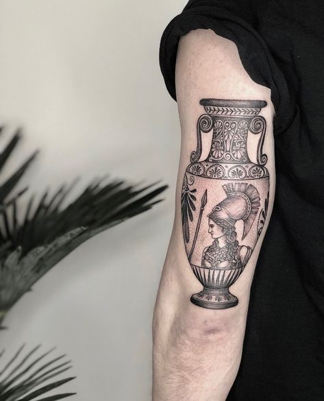 Greece Mythology Tattoo, Mythology Tattoo Ideas, Ancient Greek Tattoo, Greece Tattoo, Resilience Tattoo, Vase Tattoo, Athena Tattoo, Chicken Tattoo, Ancient Art Tattoo