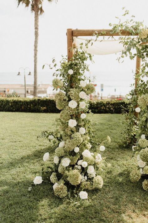 Black Tie Beach Wedding, Floral Backdrop Wedding, Altar Flowers Wedding, Mediterranean Beach, San Clemente California, Olive Wedding, Flower Backdrop Wedding, Neutral Wedding Flowers, Floral Arch Wedding