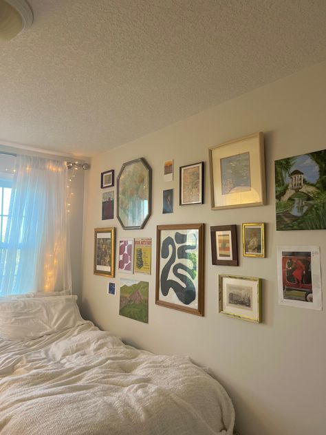 Wall Of Bedroom Decor, Wall Of Frames Bedroom, Frames Collage Wall, Bedroom With Prints On Wall, Wall Beside Bed Decor, Mirror Gallery Wall Ideas Bedroom, Framed Picture Wall Ideas Bedroom, Framed Art In Bedroom, Picture Frame Collage Wall Bedroom