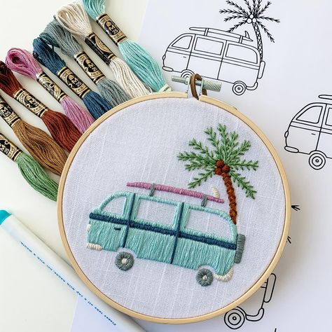 Throwback to one of my earliest patterns. 🌴 Do you have any fun trips planned for the summer? Comment below! ✈️ Downloadable pattern is available in my Etsy shop. Link in bio. ⬆�️ Embroderie Patterns Free, Van Embroidery, Beach Embroidery, Fun Trips, Monogram Cross Stitch, Learning To Embroider, Beginner Embroidery Kit, Embroidery Stitch, Handmade Embroidery Designs