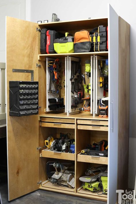 Garage Hand Tool Storage Cabinet Plans - Her Tool Belt Hand Tool Storage, Tool Storage Cabinets, Power Tool Storage, Cabinet Plans, Shop Storage Cabinets, Garage Tool Storage, Woodworking Storage, Garden Tool Storage, Storage Cabinet Shelves