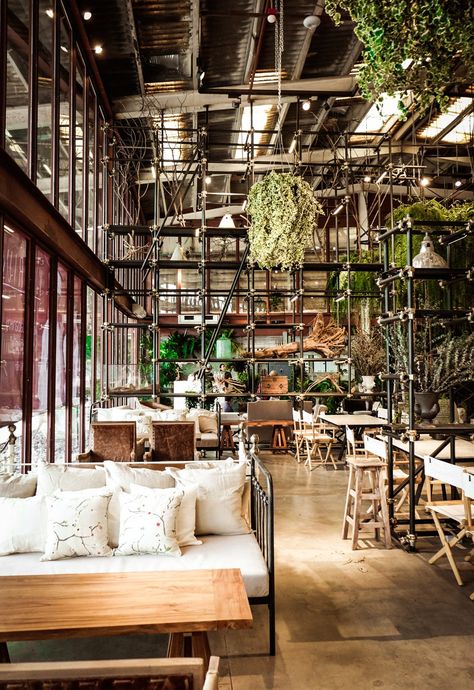 Vivarium restaurant in Bangkok by Hypothesis Bangkok Restaurant, Greens Restaurant, Converted Warehouse, Fusion Restaurant, Magic Places, Thai Design, Decoration Restaurant, Thai Restaurant, Tables And Chairs