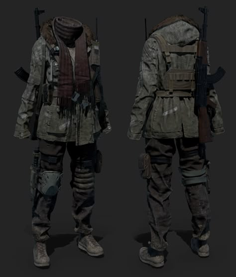 Apocalypse Gear Outfits, Apocalypse Art Reference, Survival Outfit Post Apocalyptic, Mens Apocalypse Fashion, Apocalyptic Clothing Drawing, Apocalypse Outfit Concept Art, Cold Apocalypse Outfit, Dystopian Winter Outfit, Zombie Apocalypse Cosplay