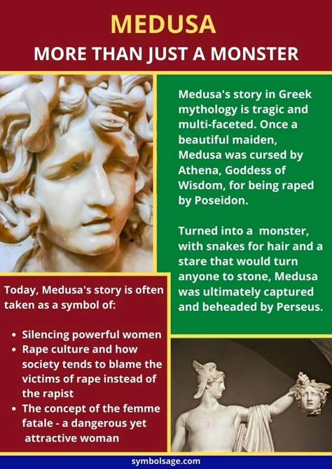 Medusa is a popular figure of Greek mythology, and one that permeates our modern culture. Her story is a tragic yet powerful symbol of feminine power and powerlessness. Greek Mythology Medusa Story, Greek Mythology Facts Medusa, Medusa History Greek Mythology, Medusa Symbol Greek Mythology, Greek Mythology Myths, Medusa Story Mythology, Medusa Archetype, Medusa Meaning Greek Mythology, Medusa History