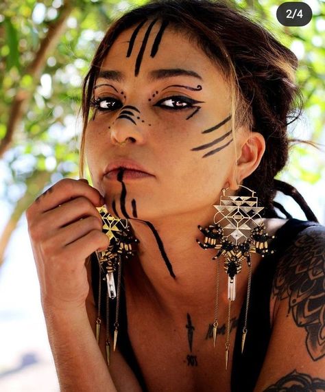 Native Makeup Halloween, Native American Warrior Face Paint, Native Indian Face Paint, Mayan Face Paint, Taino Makeup, Maori Makeup, Nordic Face Paint, Caveman Makeup, Romani Makeup