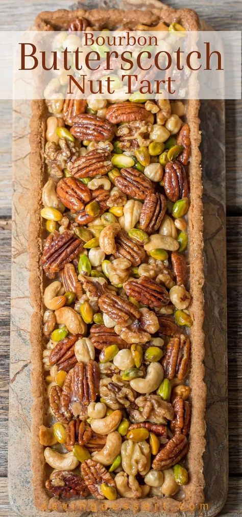 Bourbon & Butterscotch Nut Tart - Assorted nuts are coated in a smooth, creamy butterscotch sauce with just a hint of bourbon then baked in a pecan shortbread crust. #savingroomfordessert #tart #bourbontart #butterscotch #nuttart #baking #nutdessert #dessert #holidaydessert #holidaybaking #tarts #assortednuts #recipewithnuts #butterscotchtart Pecan Shortbread Crust, Butterscotch Tart, Butterscotch Sauce Recipes, Butterscotch Desserts, Nut Tart, Butterscotch Recipes, Nut Dessert, Pecan Shortbread, Assorted Nuts