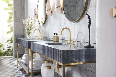 The Insider: 2022 Trend Forecast by Clinton Smith and Sophie Donelson - Inside Design Tile Inspirational Bathrooms, Fluted Marble, Luxury Bathroom Vanities, Modern Powder Room, Marble Shelf, Turtle Creek, Linen Cabinets, Contemporary Tile, Ann Sacks