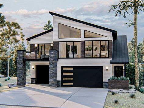 050G-0115: Modern Garage Apartment Plan; 2 Bedrooms Modern Forest House Exterior, House Above Garage, Modern Carriage House, Home On A Hill, Small House Extensions, Small Modern House Plans, House Repair, Carriage House Plans, A Modern House