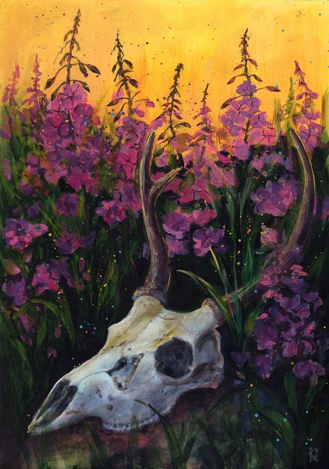 Fireweed Art, Mystical Illustration, Painted Deer Skulls, Deer Skull Art, Deer Painting, Horse Art Print, Cactus Painting, Deer Skull, Mexico Art