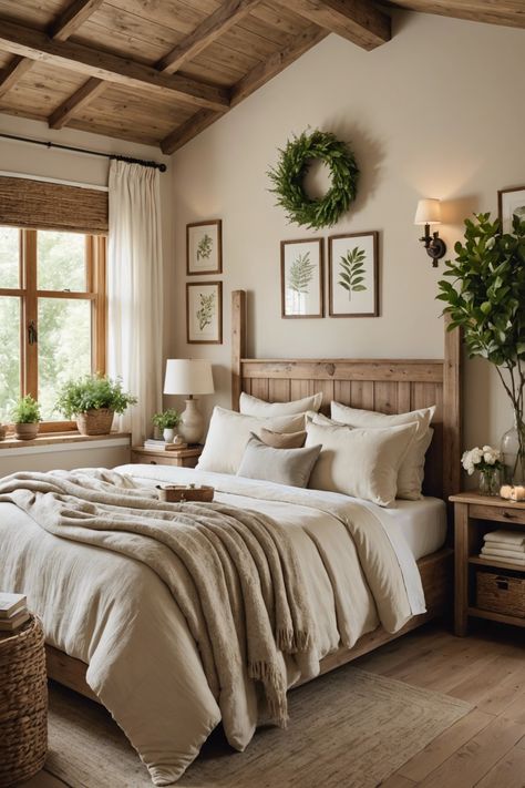 Bedroom Inspirations Master Natural Wood, Dark Wood And Cream Bedroom, Modern Rustic Bedroom Ideas Master Suite, Cottage Cozy Decor, Rustic Cottage Bedroom Ideas, Master Bedrooms Decor Wood, Lake Cottage Bedroom Ideas, Farmhouse Interior Bedroom, Cozy Master Room