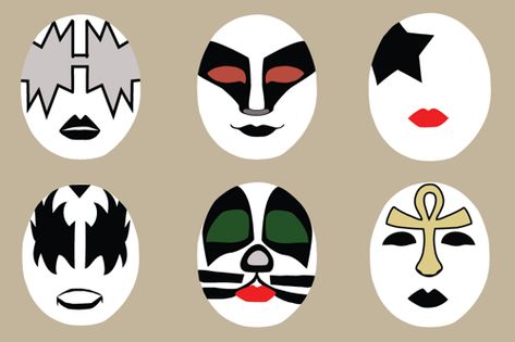 kiss-masks Kiss Band Face Paint, Molde, Kiss Makeup Look, Starchild Makeup, Gene Simmons Makeup, Kiss Band Makeup, Kiss Face Paint, Kiss Stencil, Kiss Halloween Costumes