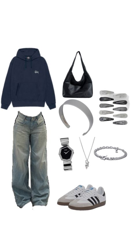 this outfit contains- a navy blue stussy hoodie, baggy jeans, hobo bag, dior watch, dior necklace, pandora bracelet, white sambas, white headband and hair clips. Blue Stussy Hoodie, Sambas White, Necklace Pandora, Navy Blue Outfit, Dior Watch, Stussy Hoodie, Dior Necklace, Navy Hoodie, White Headband