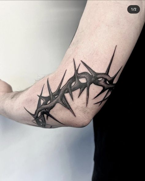 Wrist Thorn Tattoo, Crown Of Thorns Elbow Tattoo, Jesus Thorn Crown Tattoo, Three Crosses Tattoo Design, Thorn Crown Tattoo, Crown Of Thorns Tattoo, Religous Tattoo, Religious Tattoo Sleeves, Thorns Tattoo