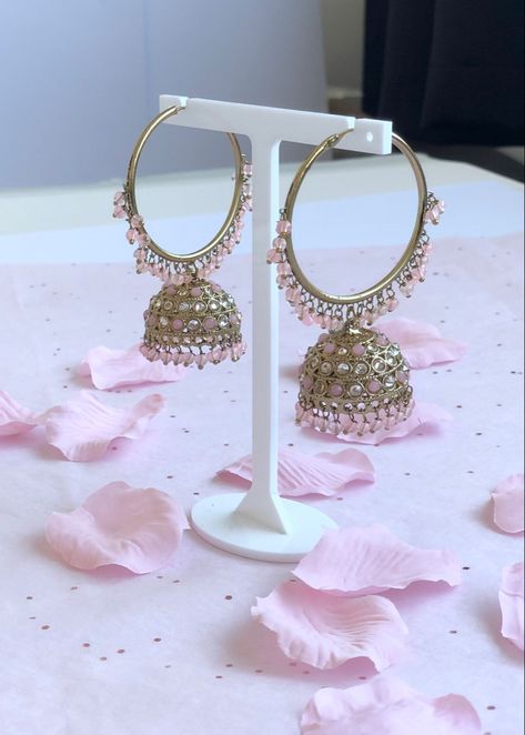 Pink Jhumka, Golden Jhumka, Pink Earrings Indian, Pink Jhumkas For Wedding, Pink Festive Jhumkas For Parties, Jhumkas Aesthetic, Traditional Pink Jhumkas For Eid, Pink Bollywood Style Jhumkas For Gift, Pink Jhumkas With Matching Earrings For Gifts