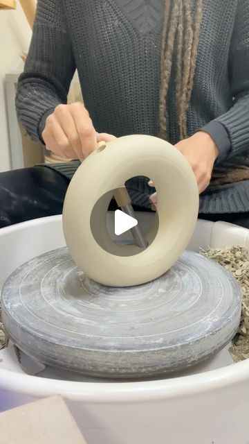 Rebecca Morris on Instagram: "Making a circle vase on the potters wheel 

#circlevase #throwing #trimming #clay #stoneware #handmade #vase #pottery #wheelthrownceramics #throwingclay #craftinaction #ceramicstudio #madeinmanchester #mcr #uk #homeware #interiors #design #bespoke #shimpowheel @shimpo_ceramics  #potterywheel #potclays #striptool #potterswheel #ceramics #oldtrafford #wheelthrownpottery" Clay Pottery Wheel Ideas, Potter Wheel Ideas, Easy Wheel Thrown Pottery, Wheel Throwing Pottery Ideas, Wheel Throwing Ideas, Pottery Wheel Projects, Wheel Thrown Pottery Ideas, Rebecca Morris, Circle Vase