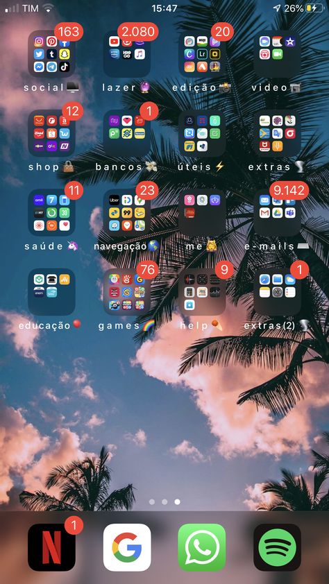 #iphone #wallpaper #tela #inspiracao #organizacao #pastas #app App Organization, Organize Phone Apps, Tela Iphone, Study Apps, Iphone Wallpaper Video, Phone Deals, Iphone Home Screen Layout, Iphone Wallpaper Sky, Iphone Organization