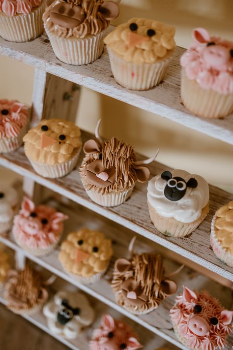 Farm animal cupcakes #farmcupcake #cowcupcake #animalcupcake Barnyard Theme Cupcakes, Farm Birthday Party Treats, Hay Bale Cupcakes, Simple Farm Animal Cake, Farm Animal Birthday Cookies, Farm Animal Cupcake Cake, Farm Animals Cake Pops, Aesthetic Farm Birthday, Farm Birthday Desserts