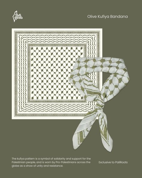 ✨ The perfect shade of olive green does not exist! ✨ Our lightweight Olive Kufiya Bandana is now available for purchase. 💚🇵🇸 ✦ 100% ZibdaSoft™ Cotton ✦ Donates 2 Meals to Gazan Children ✦ Soft Woven Cotton ✦ Exclusive to PaliRoots ✦ Hem tag ✦ Imported ✦ Size: 22" x 22" 🛒 SHOP New Bandanas — Limited Stock. www.PaliRoots.com #PaliRoots 🇵🇸 #JustIn #NEWDrop #PalestineMerch Pattern Hijab, Keffiyeh Pattern, Silk Scarf Design, Design Studio Logo, Hijab Designs, Creative T Shirt Design, Motif Design, Scarf Design, Home Logo