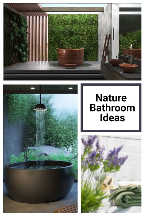 Bathroom Nature Theme, Nature Themed Bathroom, Nature Bathroom Ideas, Natural Bathrooms, Natural Bathroom Design, Nature Bathroom, Nature Inspired Bathroom, Small Hot Tub, Zen Bathroom Design