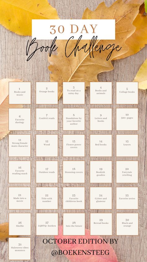 30 day book challenge - october edition Fall Book Challenge, Book Challenge Template, 30 Day Book Challenge, Book Bingo, John Grisham Books, Custom Bingo Cards, Fall Challenge, Free Printable Bingo Cards, Bingo Card Template