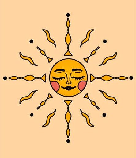 Sun Tattoo Vintage, 70s Drawings Easy, Trippy Sun Tattoo, Sun Vintage Illustration, Sun Tattoo Face, Sun With Face Drawing, Mexican Sun Tattoo, Sun Illustration Vintage, Simple Sun Drawing