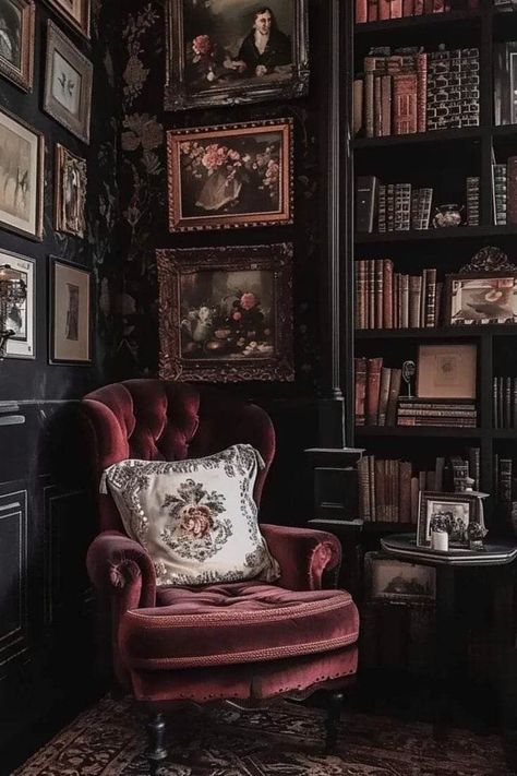 Minimalist Dark Acadamia, Dark Cozy Home Decor, Dark Eclectic Apartment, Goth Reading Nook, Moody Library Aesthetic, Dark Cottagecore Interior, Gothic Study Room, Moody Craft Room, Victorian Office Aesthetic