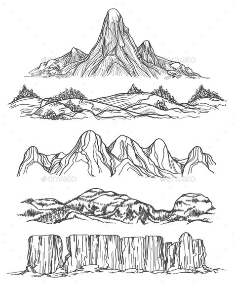 Hand Drawn Mountains and Hills by vectortatu Hand drawn mountains and hills. Doodle mountains landscape set. Vector illustration Drawn Mountains, Mountains Drawing, Mountain Drawing, Landscape Sketch, Nature Mountains, Nature Drawing, Drawing Pencil, Fantasy Map, Poses References