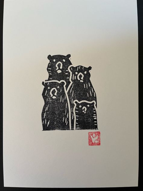 This is a linoleum block print of a bear family. I used cotton paper sized 7x5 inches, the image itself is approximately 4x3 inches. Signed on the back with pencil and date The artwork is backed by cardboard and sealed in a clear envelope. I ship flat in an art mailer. I will do my best to ship all items as soon as I possibly can.  U.S. orders come with delivery confirmation via USPS First Class Mail FREE SHIPPING in the USA INTERNATIONAL  orders are shipped USPS First Class with estimated deliv Clear Envelope, Linoleum Print, Linoleum Block Printing, Linocut Printmaking, Lino Art, Stamp Carving, Linoleum Block, Bear Family, Linocut Art