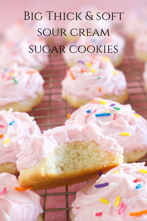 These Sour Cream Sugar Cookies are thick, soft, and moist and SO flavorful, and they are slathered in creamy vanilla buttercream. They are superb!! #cookies #dropcookies #sourcreamcookies #sugarcookies #softcookies #cakelikecookies Soft And Fluffy Sour Cream Sugar Cookies, Grandmas Sour Cream Cookies, Sour Cream Drop Sugar Cookies, Big Soft Sugar Cookies Sour Cream, Soft Sugar Cookies With Sour Cream, Soft Sugar Cookie Recipe With Sour Cream, Soft Sour Cream Cookies, Old Fashion Sour Cream Cookies, Sour Cream Sugar Cookies Soft