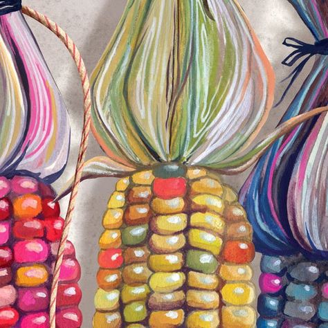 Miriam Bos.com - artist on Instagram: "Are there any great tips out there for growing corn in a small urban garden in the middle of the Netherlands?🤣 I adore the looks of jewel corn. It's also known as rainbow corn or glass corn. Painting it was fun; growing it was a disaster. I tried growing them in our garden about a year ago. I chose a very sunny place, and they started growing until they didn't. The corn stayed small, the size of a stretched hand, and when I finally opened the cobs, they Corn Stalk Painting, Indian Corn Painting, Corn Drawing, Rainbow Corn, Corn Painting, Fall Illustration, Harvest Corn, Small Urban Garden, Growing Corn