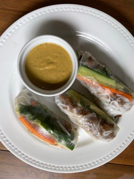 Beef Banh Mi Spring Rolls – Concord Kitchen Beef Spring Rolls Recipe, Beef Banh Mi, Beef Spring Rolls, Asian Spring Rolls, Pickled Carrots Recipe, Peanut Dipping Sauce, Beef Marinade, Peanut Dipping Sauces, Spicy Peanut Sauce