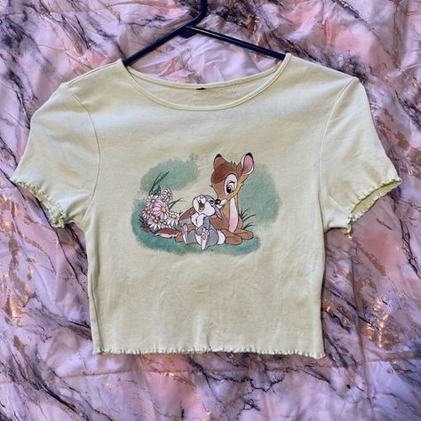 Bambi green crop top shirt Cropped Disney Shirt, Disney Crop Tops Outfit, Bambi Clothes, Disney Crop Tops, Bambi Shirt, Store Outfits, Day To Day Outfits, Thrift Store Outfits, Disney World Outfits