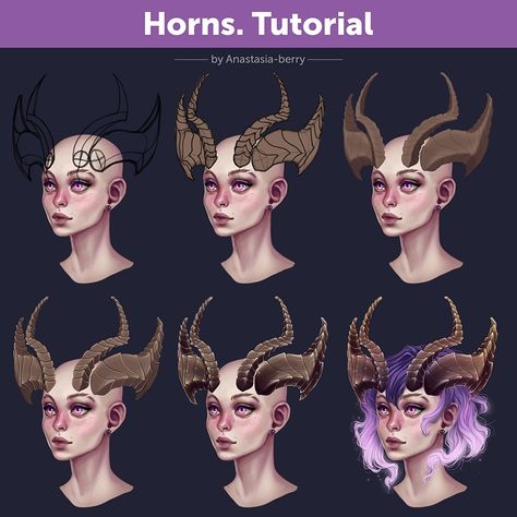 Horns. Tutorial | Patreon Hair With Horns, Drawing Horns, Horns Reference, Horns Drawing, Magic Tutorial, Digital Painting Techniques, Halo Crown, How To Shade, How To Draw Hair