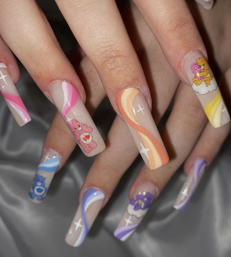 Care Bears Nails Acrylic, Carebears Nail, Care Bear Acrylic Nails, Care Bare Nails, Carebear Nail Art, Care Bears Nail Art, Care Bears Nails, Watermelon Nail Polish, Care Bear Nails