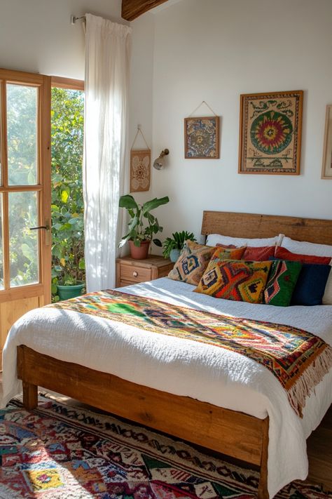 Combine Hacienda-style, modern Mexican and boho elements to create Mexican farmhouse decor using these quick tips and simple ideas to guide you. Mexican Interior Design Modern Bedroom, Boho Modern Room Ideas, Hacienda Style Room, Marfa Interior Design, Arizona Interior Design Ideas, Mexico Bedroom Ideas, Simple Cottage Bedroom, Mexican Style House Decor, Latin Inspired Home Decor