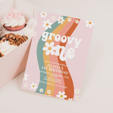 Groovy One Invite, Groovy One 1st Birthday, Groovy One Birthday Invitations, One Year Old Groovy Birthday, One Groovy Baby Birthday Invitations, One Groovy Gal Birthday, Groovy One First Birthday Invitation, Groove One Birthday, Groovy One Invitations