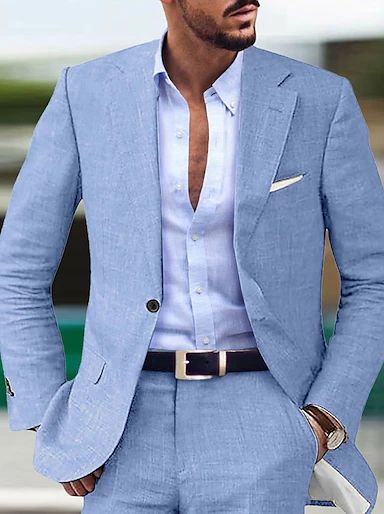 Men's Linen Suits Summer Beach Wedding Suits 2 Piece Solid Colored Tailored Fit Single Breasted Two-buttons 2024 2024 - $93.99 Summer Groom, 2023 Beige, Blue Linen Suit, Linen Suits For Men, Blue Groomsmen, Beach Wedding Suits, Summer Wedding Suits, Costume Vert, Prom For Guys