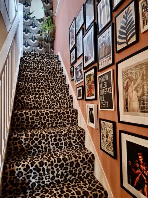 Funky Stair Carpet, Leopard Print Hallway, Leopard Carpet Stairs, Leopard Print Stairs, Leopard Print Carpet On Stairs, Leopard Print Living Room Ideas, Leopard Print Stair Runner, Leopard Print Interior Design, Leopard Interior Design