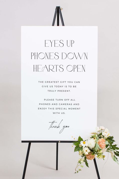 This elegant eyes up, phones down, hearts open wedding sign is a great way to keep guests informed of your desire to keep your wedding ceremony free of phones and cameras. This unplugged ceremony sign is available in an assortment of sizes and colors making it the perfect addition to your elevated event. No Phone Wedding Ceremony, No Phone Wedding Signs, Wedding Ceremony Signage, Wedding Phone, Wedding Diys, Wedding Ceremony Sign, Unplugged Ceremony Sign, Signage Ideas, Unplugged Wedding Sign